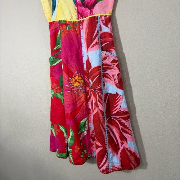 Farm Rio Mixed Garden Dress Floral Patch Linen Midi Sz XS Boho Beachy Wedding - Picture 4 of 14